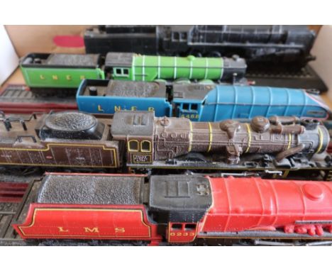 Box of various die-cast vehicles including Dinky, a model trains on plinths (two boxes) 