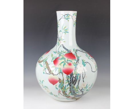 A Chinese famille rose porcelain bottle vase, mark of Qianlong but probably Republic period, the globular body and cylindrica