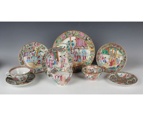 A collection of Chinese Canton famille rose porcelain, mid to late 19th century, all typically painted with figural scenes wi