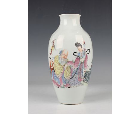 A Chinese famille rose enamelled porcelain vase, probably Hongxian period or early Republic, the elongated ovoid body painted