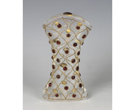 An Indian Mughal style rock crystal dagger handle, embellished with red cabochons within gilt wire borders, length 10.6cm.Buy