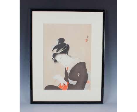 A Japanese woodblock print, depicting a half-length portrait of a seated bijin, black two-character signature and red seal to