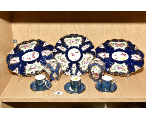A ROYAL WORCESTER THREE PIECE DESSERT SERVICE, scale blue and gilt ground decorated with vignettes of birds and insects, patt
