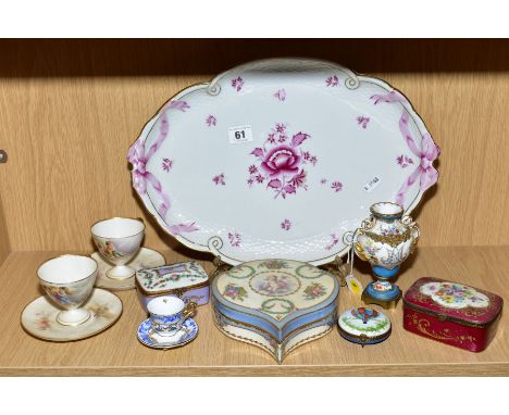 A GROUP OF 19TH AND 20TH CENTURY CONTINENTAL PORCELAIN, including a Sevres style heart shaped trinket box, (base a.f)., a pai