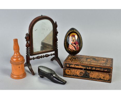 A 19TH CENTURY TREEN GLOVE POWDERER, together with an ebonised snuff box in the form of a shoe, a treen trinket box, decorate