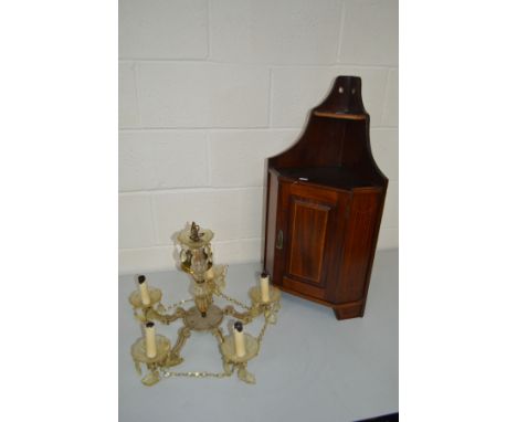 AN EDWARDIAN MAHOGANY AND INLAID HANGING CORNER CUPBOARD together with a distressed hanging ceiling light (2)
