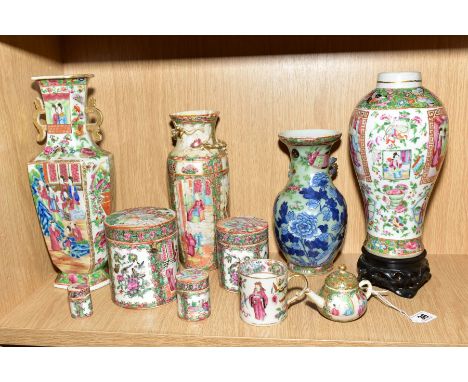 A COLLECTION OF 19TH AND EARLY 20TH CENTURY CHINESE CANTON FAMILLE ROSE PORCELAIN, comprising four jars and covers, three vas