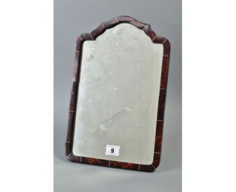 AN EARLY 20TH CENTURY TORTOISESHELL VENEERED EASEL BACK DRESSING TABLE MIRROR, rectangular with shaped arch top, height appro