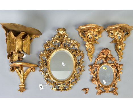 A COLLECTION OF SIX GILTWOOD ITEMS, comprising two small oval mirrors within ornate foliate frames, heights approximately 30c