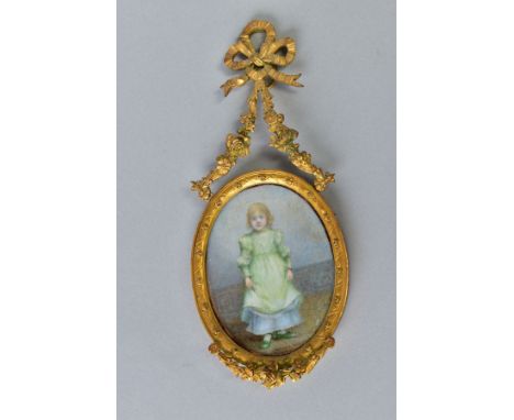 LATE 19TH CENTURY BRITISH SCHOOL, 'Second Position', a full length portrait miniature of a young girl lifting her petticoats 