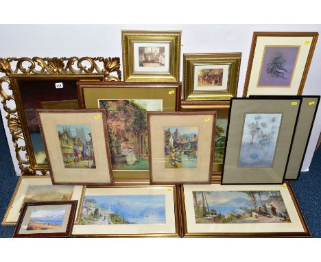 A GROUP OF THIRTEEN FRAMED AND GLAZED PRINTS, mostly rural scenes, including Margaret Tarrant 'Love in a Mist' and 'Honeysuck