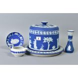 A LATE VICTORIAN WEDGWOOD DARK BLUE JASPERWARE CHEESE DOME ON STAND, impressed marks, height