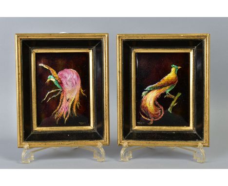 CAMILLE FAURE (1874-1956), a pair of Limoges enamel plaques, depicting exotic birds, on a brown background, signed 'FAURE, Li