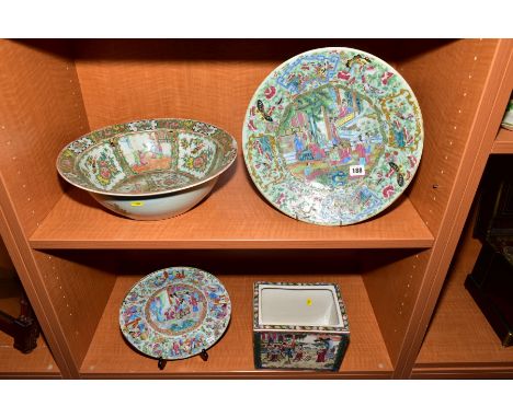 THREE PIECES OF 19TH CENTURY CHINESE CANTON FAMILLE ROSE PORCELAIN, comprising a deep bowl, chipped rim and with stapled repa