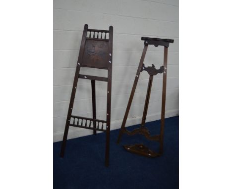 AN EARLY 20TH CENTURY MAHOGANY ARTIST EASEL with multi wood marquetry inlay, approximate height 160cm, together with another 