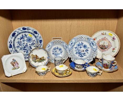 A COLLECTION OF 19TH AND 20TH CENTURY MEISSEN, DRESDEN AND OTHER CONTINENTAL PORCELAIN, including a Meissen cup and saucer, a