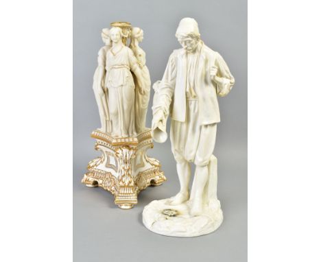 A COPELAND PARIAN FIGURAL CENTREPIECE DEPICTING THE THREE GRACES, lacks basket/bowl, mounted on a triangular white glazed and