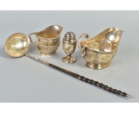 FOUR ITEMS OF SILVER, comprising Victorian pepperette of urn form, domed cover, loaded circular base, London 1889, a late Vic