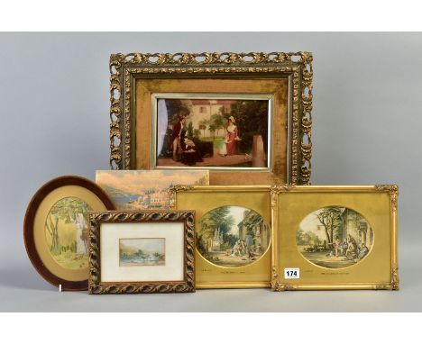 A FRAMED AND GLAZED CHRYSTOLEUM, family scene, with an oval embroidery of a girl picking apples, a Baxter print 'Welsh Drover