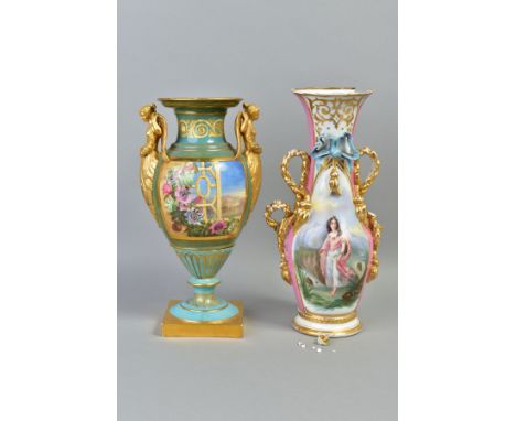 A VICTORIAN PORCELAIN TWIN HANDLED VASE, heavily restored, the baluster vase with green and gilt ground hand painted with two