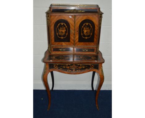 A 19TH CENTURY KINGWOOD AND FLORAL MARQUETRY LOUIS XV STYLE BONHEUR DU JOUR, gilt brass mounts throughout and ebonised panels