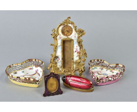 A LATE 19TH CENTURY VIENNESE ENAMEL AND ORMOLU BOUDOIR CLOCK, Rococo style frame with vacant space for a thermometer, painted