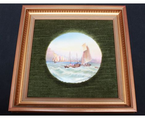 A Royal Worcester painted plaque 'The Port of Havre', by Raymond Rushton, depicting sailing boats in choppy waters with build