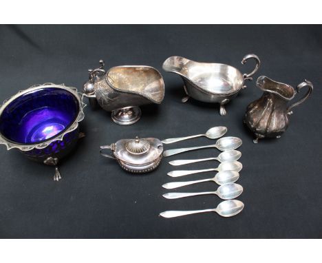 A set of six Birmingham silver tea spoons, a Georgian silver tea spoon and a Birmingham silver mustard pot, together with fou