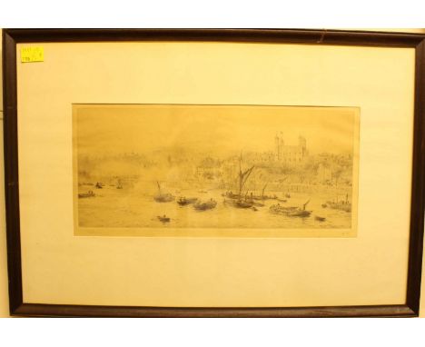 William Lionel Wyllie (1851-1931) British.  Rowing Boats on the river, signed in pencil, monochrome etching. 17.5 x 39 cm.