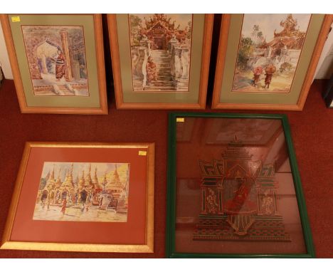 Four 20th Century Burmese watercolours, three are signed, all mounted glazed and framed with gallery labels to verso, 24 x 34