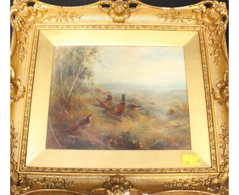 A Royal Worcester painted plaque by James Stinton of cock and hen pheasants in a wooded landscape. Signed James Stinton, puce