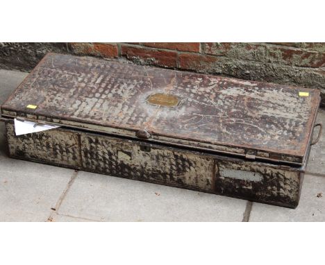 A late 19th century tin travelling trunk, with engraved brass plate engraved 'The Right. Hon. The Earl of Crewe K.G. Note: Ro