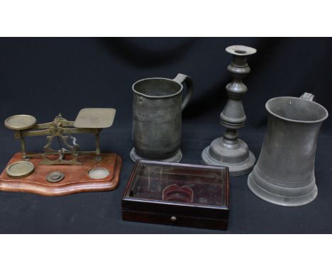 A set of Victorian postal scales, together with a Victorian pocket watch case, two pewter tankards and a candlestick.