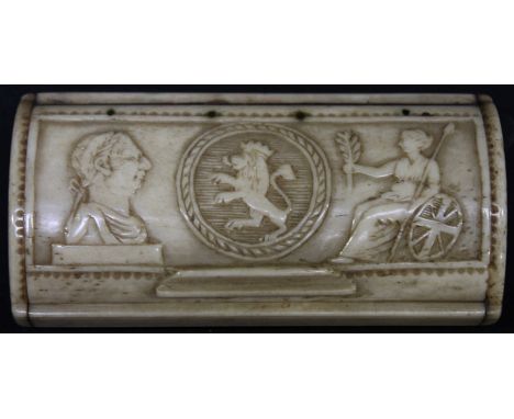 A late Georgian carved bone snuff box, the hinged dome lid carved with a encircled lion rampant flanked by a portrait of Geor
