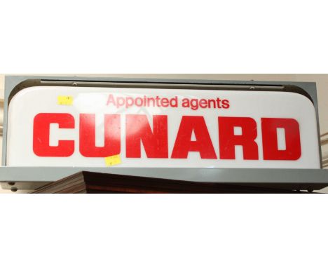 Shipping. A large electrical light up Cunard dealers sign 'Appointed agent Cunard', in working order. 72 cm wide.