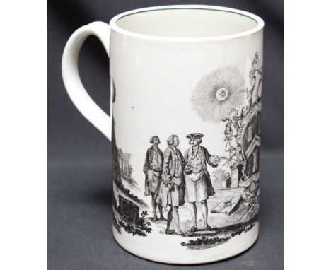 An 18th century Worcester porcelain Freemason's tankard of cylindrical form, printed in monochrome, after Robert Hancock , wi