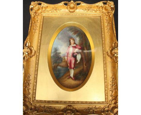 A Royal Worcester painted oval plaque 'The Pinkboy, After T. Gainsborough R.A', signed by William Hawkins, Inscribed and puce