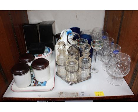 SECTION 23. A shelf of assorted items including a Walker & Hall silver plated cruet stand, Villeroy & Boch tray and spice jar