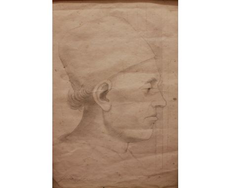 A 19th Century Continental school head and shoulders profile portrait of a man wearing cap, indistinctly signed, pencil on pa