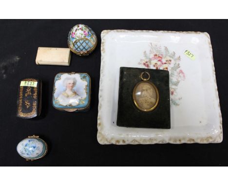 A porcelain pillbox and cover with gilt metal mounts and painted with a portrait of an 18th century lady, signed POC, togethe