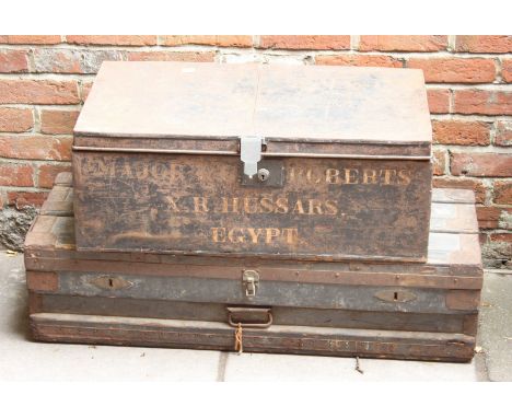 A wooden and metal bound chest with a zinc lining baring label embossed 'The Marshall Improved Air and Water tight chest', to