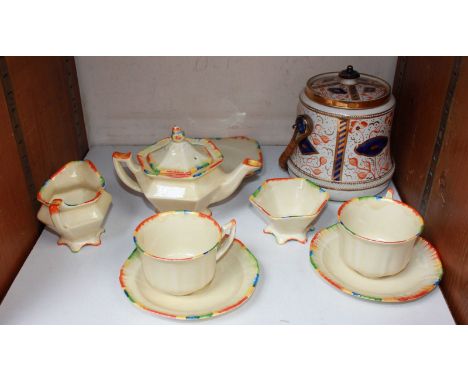 SECTION 26.  A 1930's Coronet ware eight-piece 'tea-for-two' set and a pottery biscuit barrel and cover.