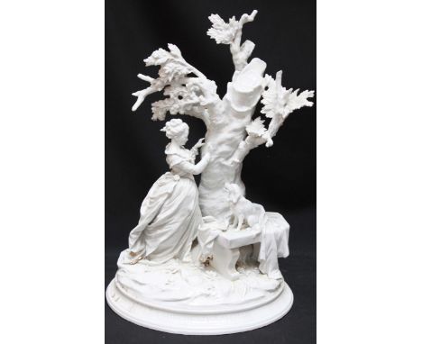 A large 19th century Sevres white glazed porcelain group 'Le Chiffre d'Amour', depicting a young woman carving initials onto 