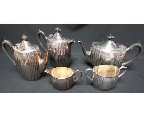 An Edwardian Elkington & Co. engraved silver five piece tea service, comprising teapot, coffee pot, hot water jug, milk jug a