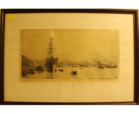 William Lionel Wyllie (1851-1931) British.  Tall ship on the Thames, signed in pencil, monochrome etching. 22 x 42 cm.
