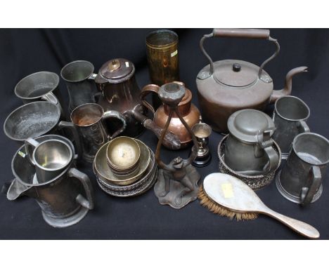 A Tudric pewter Art Nouveau lidded tankard, together various pewter tankards and metalware.  