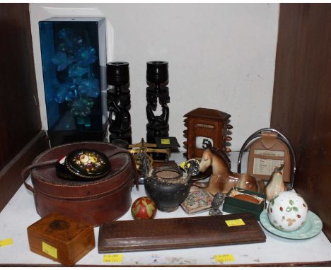 SECTION 4. A collection of items including a riding stirrup desk calendar, Mauchline ware money box, a leather collar box and