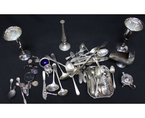 A small quantity of silver items including rose bottle, pillbox, three medals, caddy-spoon and silver-handle buttonhook and s
