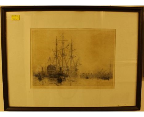 William Lionel Wyllie (1851-1931) British.  A Tall ship being brought into port by tugs, signed in pencil, monochrome etching