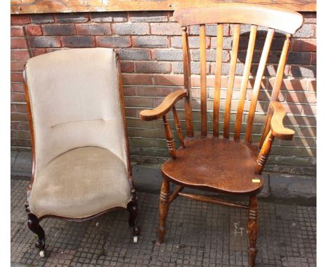 A Victorian stained-wood sling-back upholstered nursing chair, together with a beech and ash stick-back country armchair